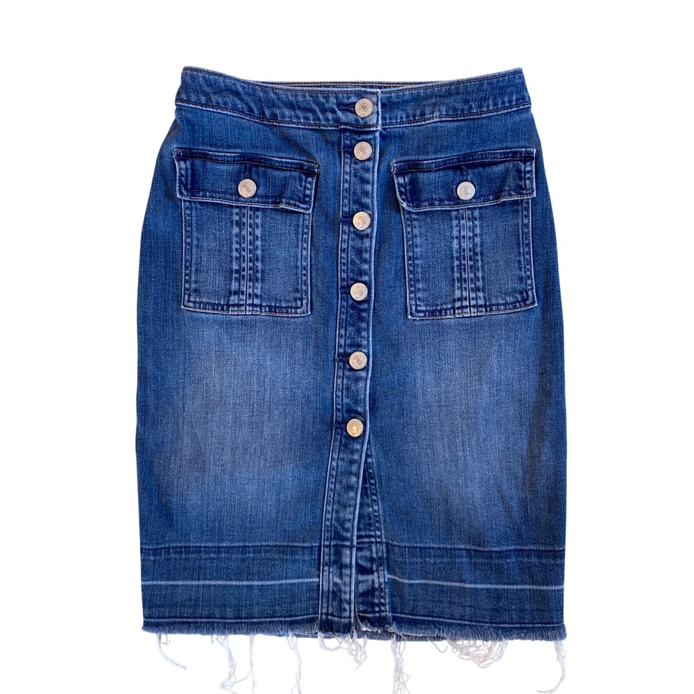 Abercrombie & Fitch Blue Denim Button Front Cotton Midi Skirt Raw Hem (Size 26) - Picture 1 of 10